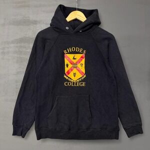 Vintage 80s Champion Rhodes College Hoodie Sweatshirt Black Crest Large Made USA
